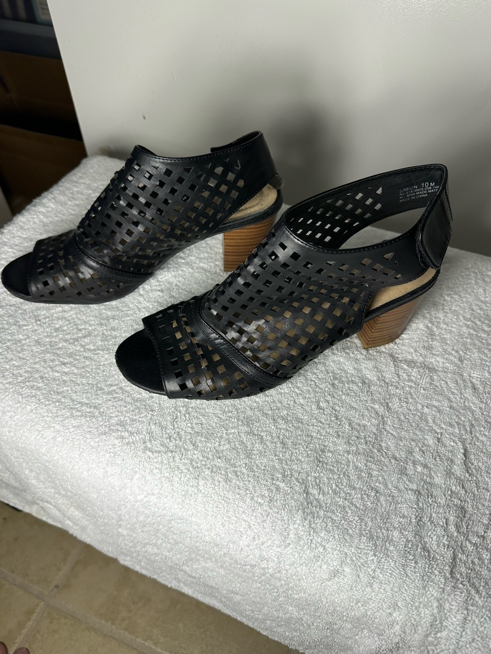 Kim Rogers Black Perforated Open-Peep Block Heel Sandals